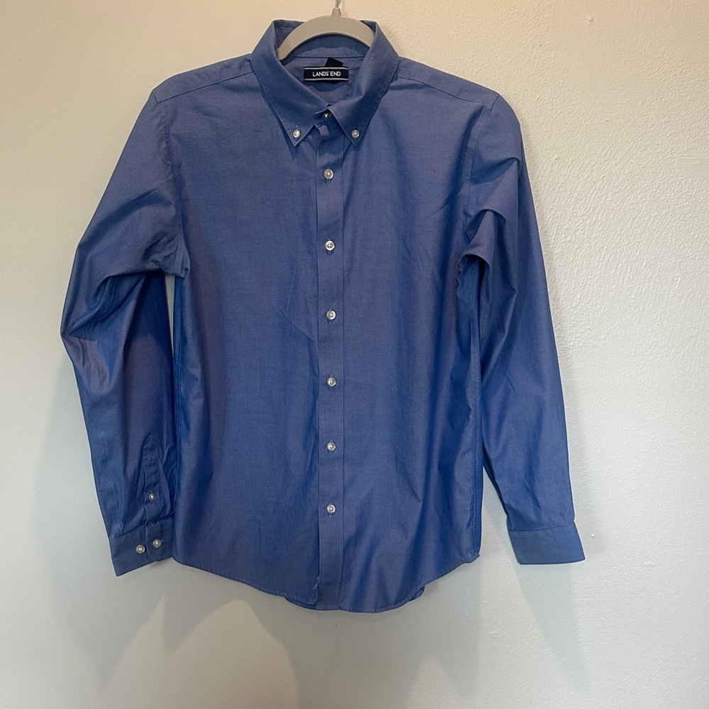 Lands' End Men's Solid Blue Button-Down Dress Shirt